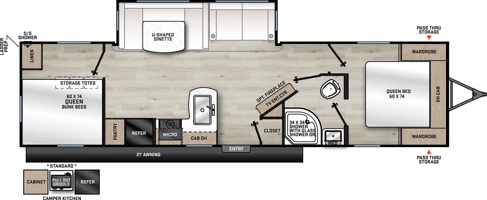 The 29TQS has one slideout and one entry. Exterior features front pass-thru storage, 21 foot awning, ladder prep, outside shower, and camper kitchen with refrigerator, pull-out griddle and cabinet. Interior layout front to back: foot-facing queen bed with overhead cabinet and wardrobes on each side; door side 2-entry bathroom with medicine cabinet; entertainment center with TV and optional fireplace along angled inner wall; off-door side slideout with seating and u-shaped dinette; door side closet, entry, peninsula kitchen counter with sink, overhead cabinet, microwave, cooktop, refrigerator, and pantry; rear bunk room with door side queen bunk beds, storage totes, and linen closet.